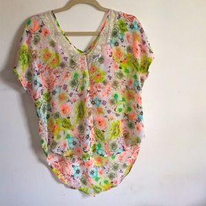Sheer lacy flowy neon floral shirt